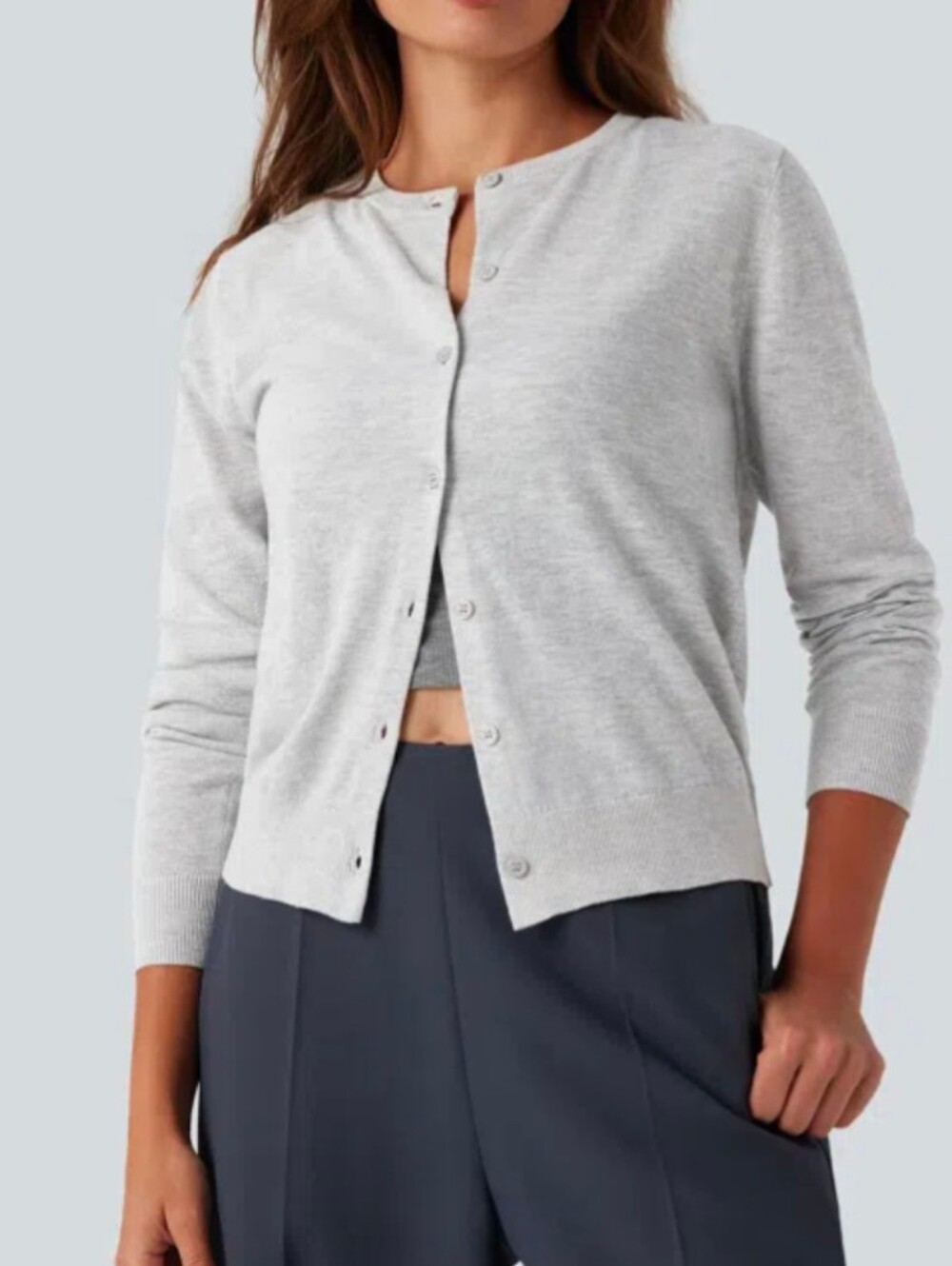 Halara Round Neck Long Sleeve Work Wool-Blend Cardigan Mottled Grey Large NWT